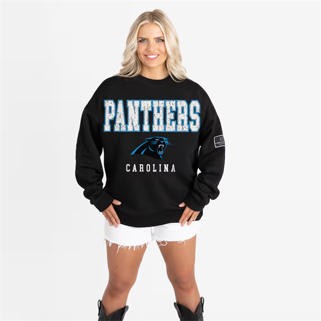 Women's Carolina Panthers Gameday Couture Black Oversized Level Up Black Label Premium Fleece Sweatshirt(Run Small)